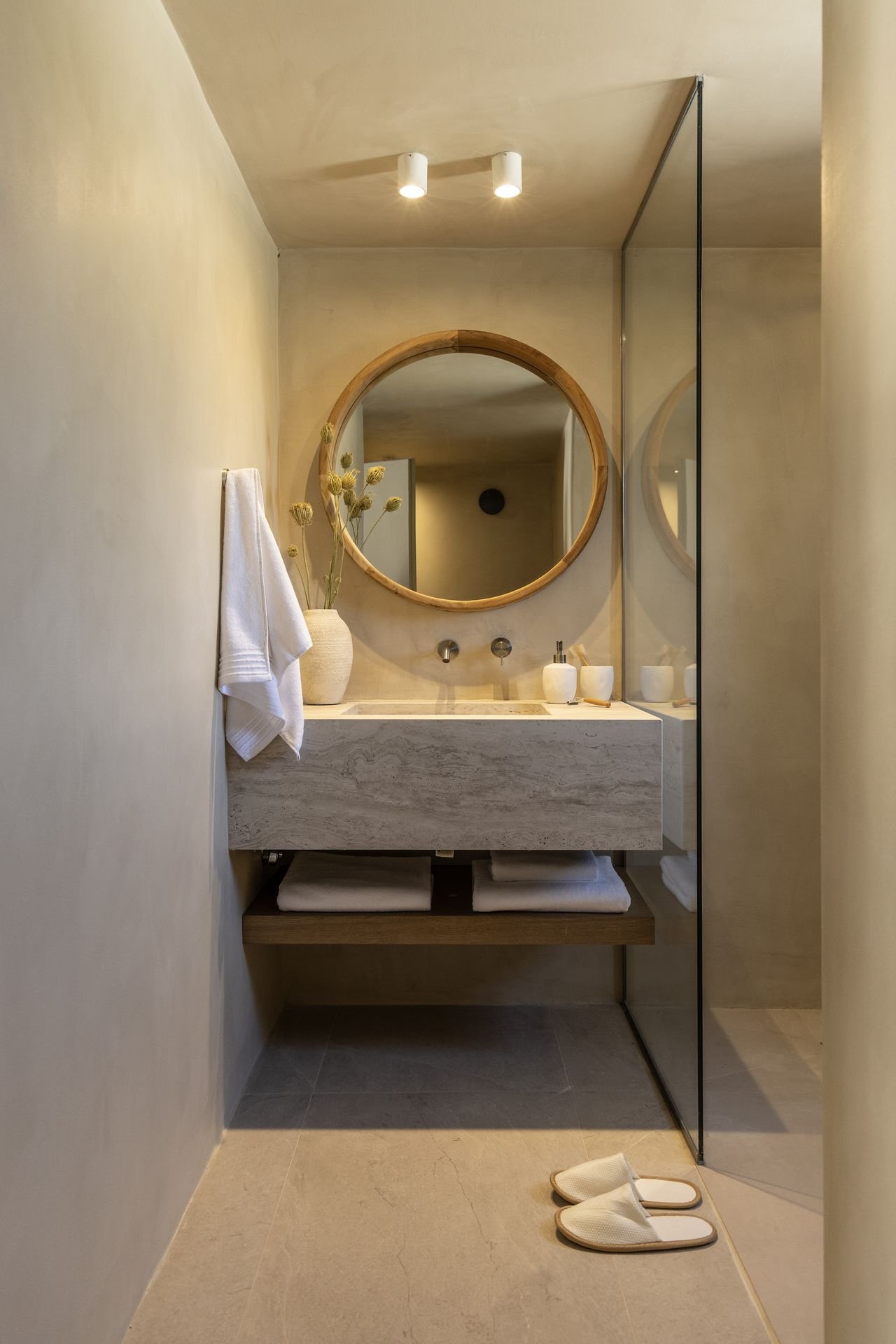 Travertine vanity in the Elysia bathroom