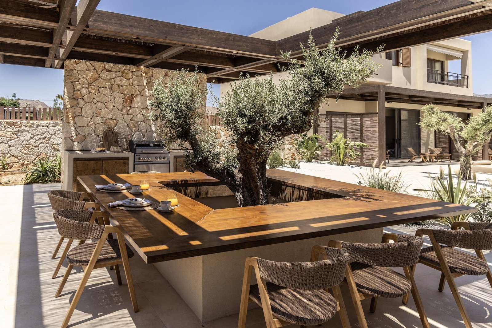 Outdoor dining table beside the olive tree in the Elea courtyard