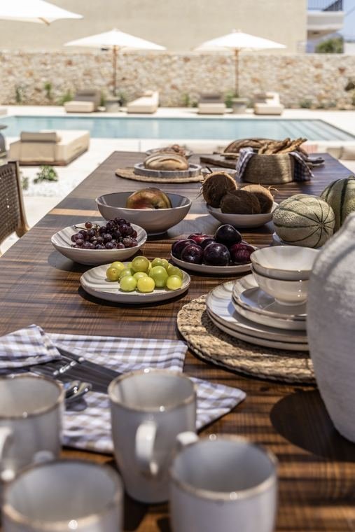 Breakfast spread on the outdoor dining table