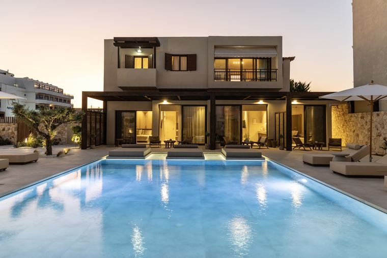 The pool glowing at twilight